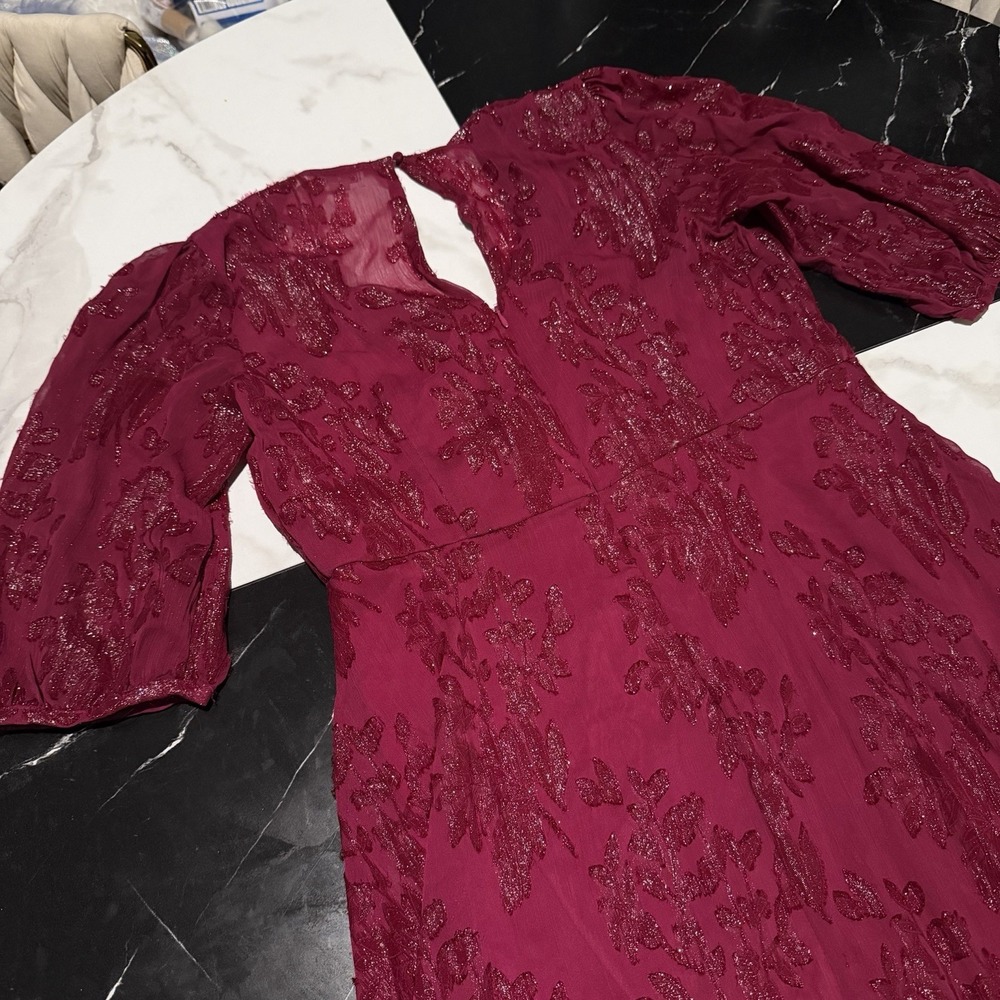 CALVIN KLEIN Purple Pink Jacquard Chiffon Hi-Low Fit & Flare Dress Sz 14 Women's - Picture 6 of 14